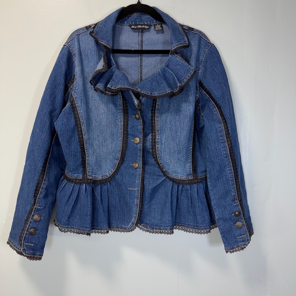 New Identity Women Denim Ruffle Lace Trim Jacket Blue XL